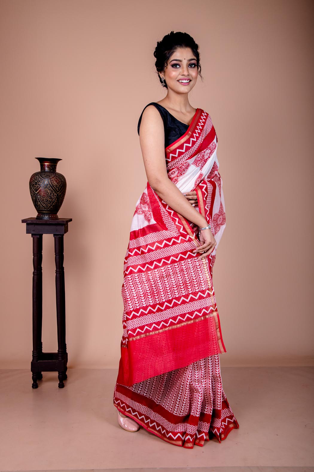 Red And White Chanderi Block Print Saree-1 -Ramdhanu Ethnic