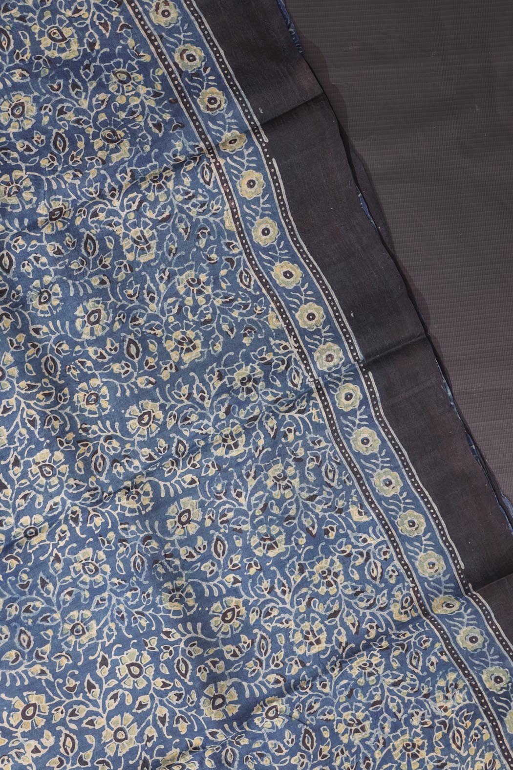 Indigo Blue And Green Mulberry Silk Ajrak Block Print Saree-3 -Ramdhanu Ethnic