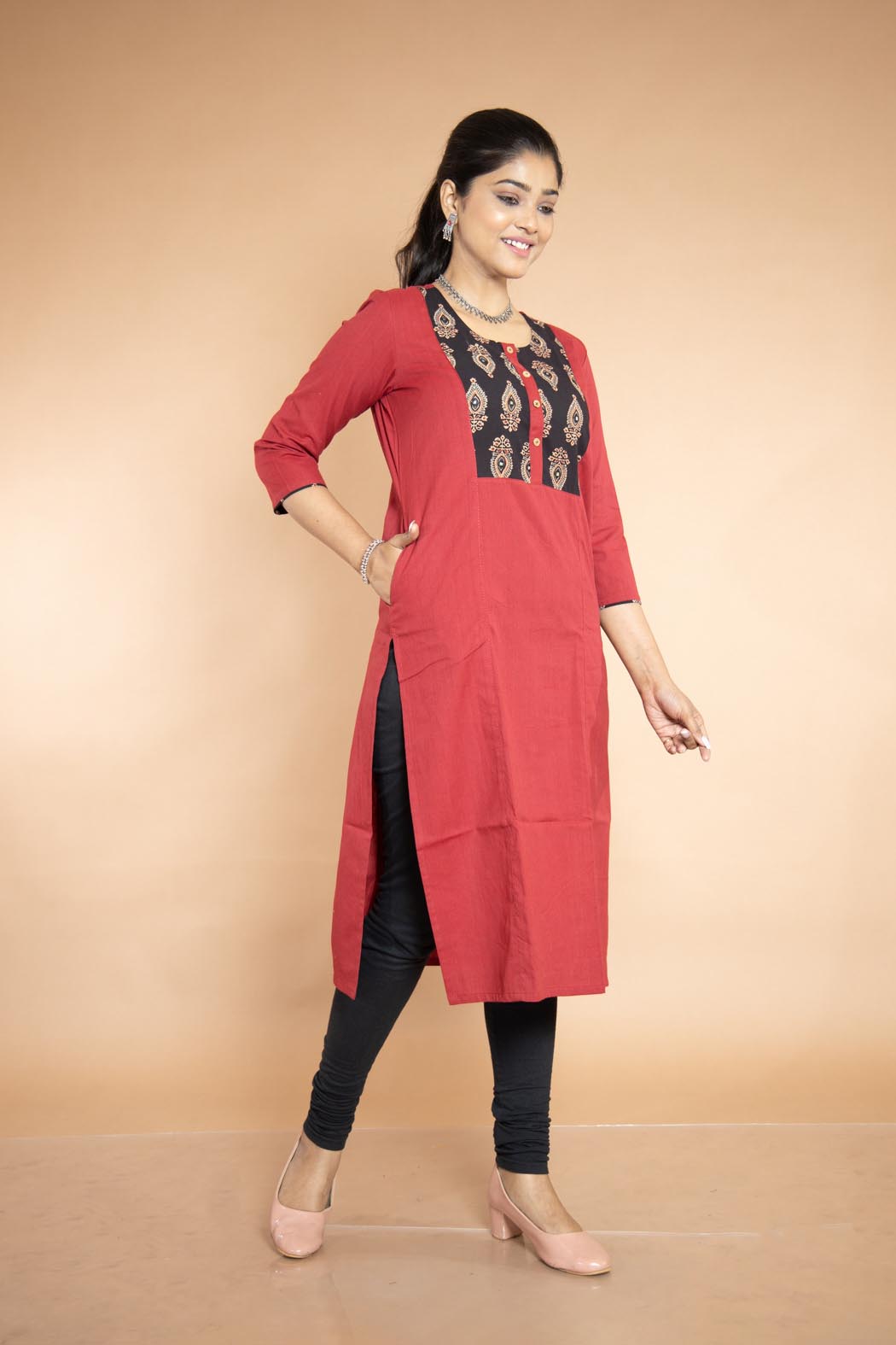 Red And Black Cotton Premium Handloom Kurti-1 -Ramdhanu Ethnic