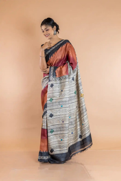 Maroon Tussar Silk Printed Elegant Saree look-2 -Ramdhanu Ethnic