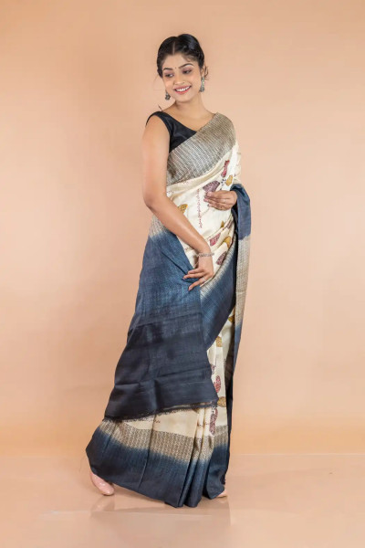Beige and Grey Printed Tussar Silk Saree-1 -Ramdhanu Ethnic