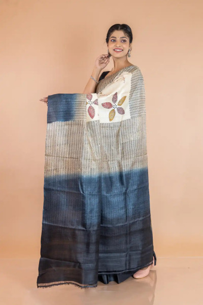 Beige and Grey Printed Tussar Silk Saree-2 -Ramdhanu Ethnic