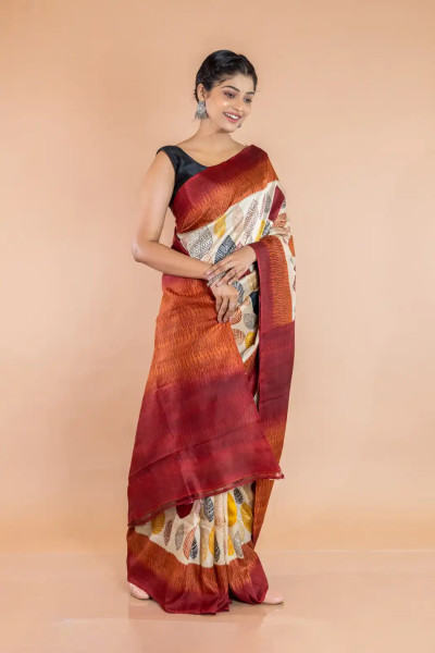 Modern Soft Silk Saree in Multicolor Leaf Motif-1 -Ramdhanu Ethnic