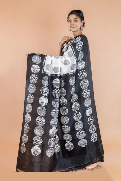 Wood Block Printed White Silk Saree with Blouse Piece-2 -Ramdhanu Ethnic