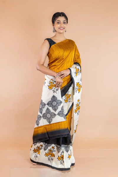 Yellow Silk Saree with Floral Printed Border-1 -Ramdhanu Ethnic
