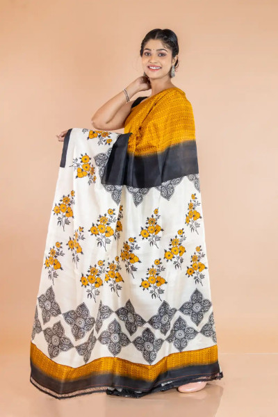 Yellow Silk Saree with Floral Printed Border-2 -Ramdhanu Ethnic