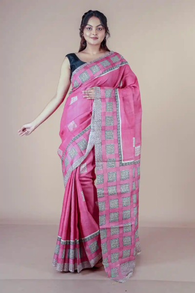Block Printed Pure Tussar Pink Colour Saree-1 -Ramdhanu Ethnic