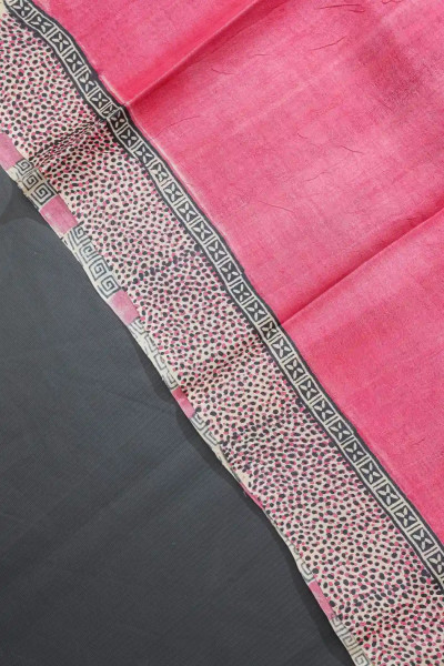 Block Printed Pure Tussar Pink Colour Saree-3 -Ramdhanu Ethnic