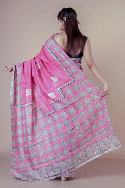 Block Printed Pure Tussar Pink Colour Saree-2 -Ramdhanu Ethnic