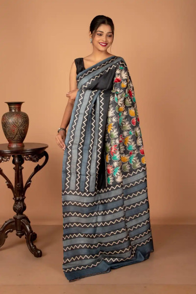 Black Tussar Silk Saree Handpainted with Multicolor Floral Motifs-1 -Ramdhanu Ethnic