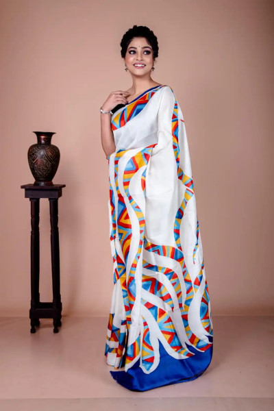 Multicolor Hand Painted White Soft Silk Saree-1 -Ramdhanu Ethnic
