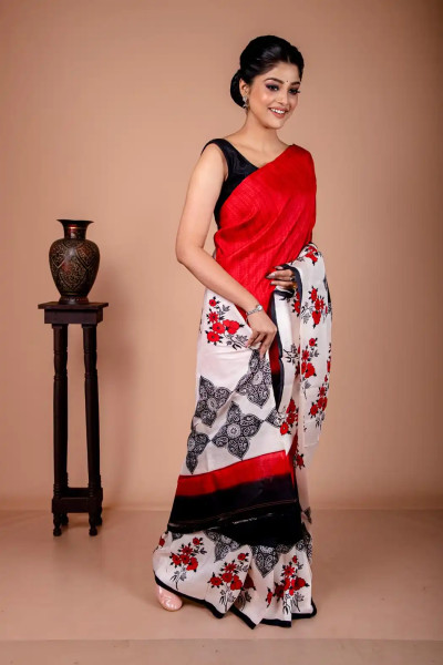 Black and Red Saree with Floral Printed Border-2 -Ramdhanu Ethnic