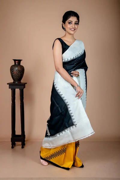 Black and Yellow saree in Mulberry Silk in Tribal Style-2 -Ramdhanu Ethnic