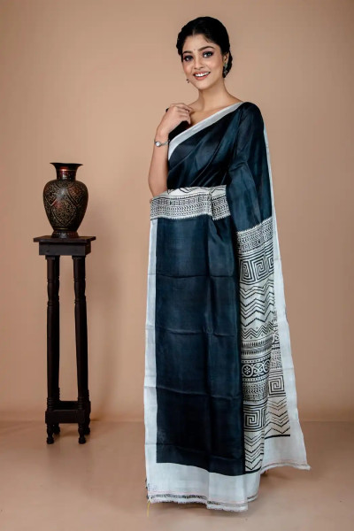 Classic White and Black Silk Saree in Block Prints-1 -Ramdhanu Ethnic