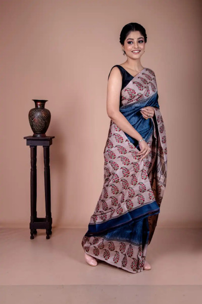 Bluish Grey Colour Saree in Printed Mulberry Silk-1 -Ramdhanu Ethnic