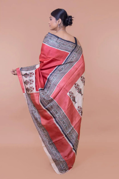 Red Tussar Silk Block Print Saree-2 -Ramdhanu Ethnic