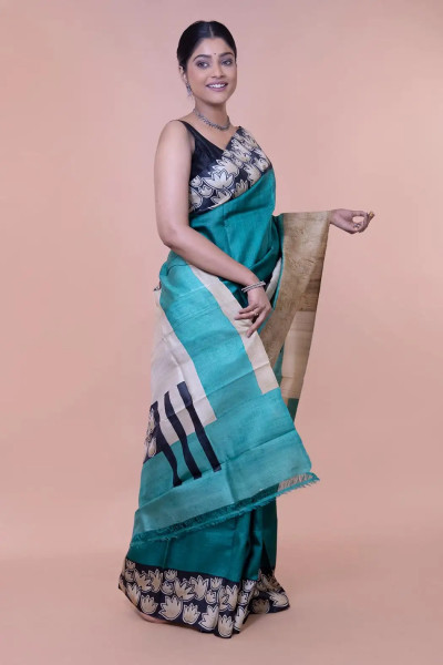 Deep Sea Green Block Printed Tussar Silk Saree-1 -Ramdhanu Ethnic
