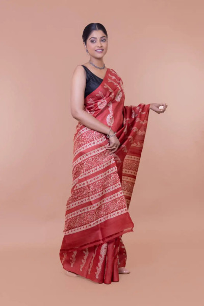 Pure Tussar Traditional Red Saree Online-1 -Ramdhanu Ethnic