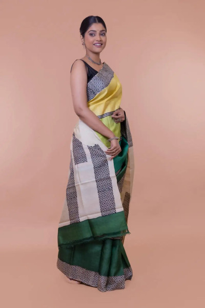 Bright Green Tussar Silk Saree Online-1 -Ramdhanu Ethnic