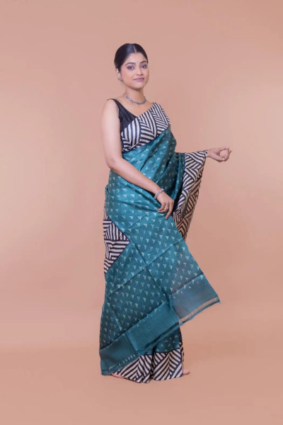 Dark Green Block Printed Tussar Silk Saree-1 -Ramdhanu Ethnic