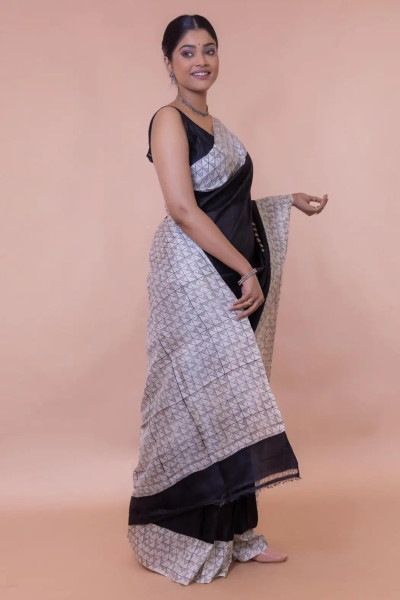 Block Printed Silk Saree in Black & White Combination-1 -Ramdhanu Ethnic