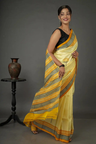 Yellow Pure Silk Saree in Wood Block Prints-2 -Ramdhanu Ethnic