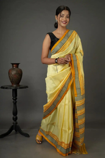Yellow Pure Silk Saree in Wood Block Prints-1 -Ramdhanu Ethnic