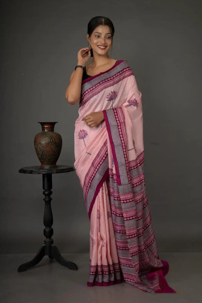 Light Pink Floral Print Silk Saree-1 -Ramdhanu Ethnic