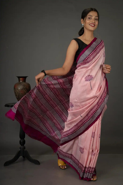 Light Pink Floral Print Silk Saree-2 -Ramdhanu Ethnic