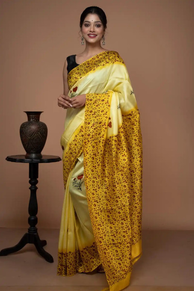 Yellow And Red Silk Saree in Floral Motifs-1 -Ramdhanu Ethnic