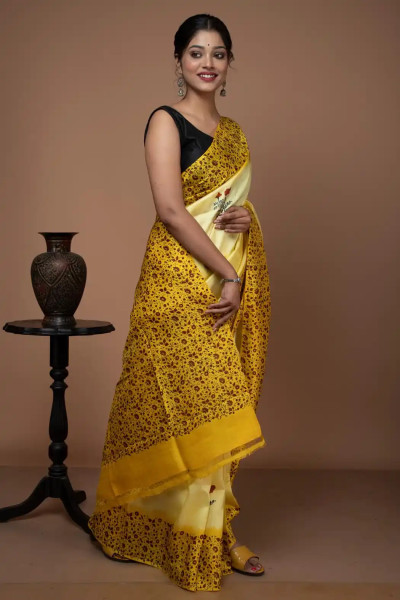 Yellow And Red Silk Saree in Floral Motifs-2 -Ramdhanu Ethnic