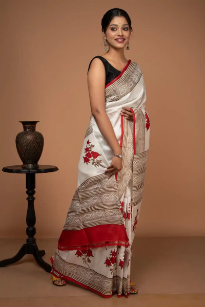 White and Red Floral Print Silk Saree-1 -Ramdhanu Ethnic