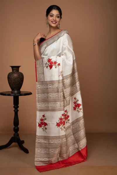 White and Red Floral Print Silk Saree-2 -Ramdhanu Ethnic