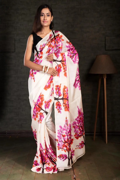 White Colour Silk Saree with Contrast Blouse Piece-2 -Ramdhanu Ethnic