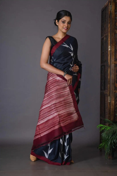 Black White And Maroon Mulberry Silk Hand Paint Saree-2 -Ramdhanu Ethnic