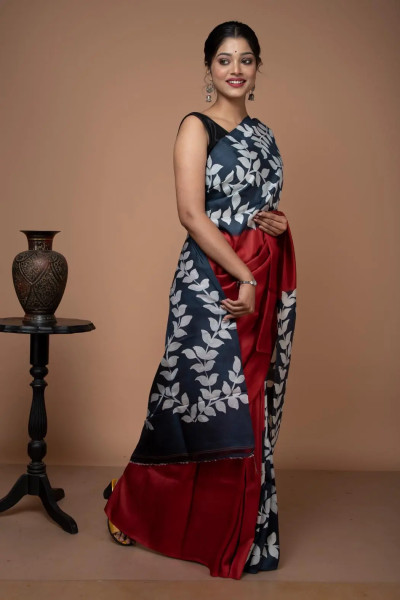 Hand Painted Grey and Maroon Colour Silk Saree-2 -Ramdhanu Ethnic