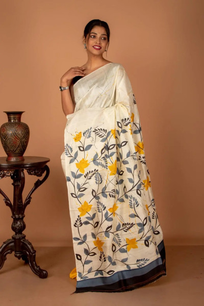 Hand Painted White And Yellow Saree on Pure Silk-1 -Ramdhanu Ethnic