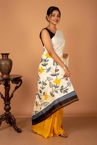 Hand Painted White And Yellow Saree on Pure Silk-2 -Ramdhanu Ethnic