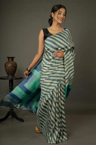 Modern Lehariya Saree in White and Blue Combination-2 -Ramdhanu Ethnic