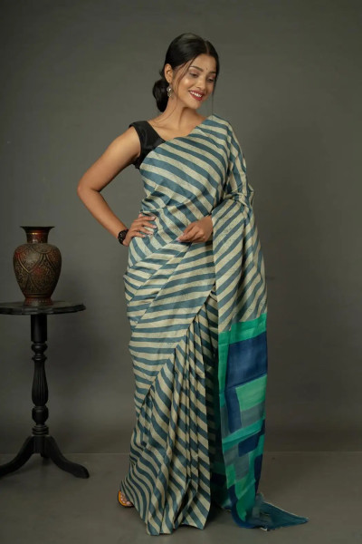 Modern Lehariya Saree in White and Blue Combination-1 -Ramdhanu Ethnic