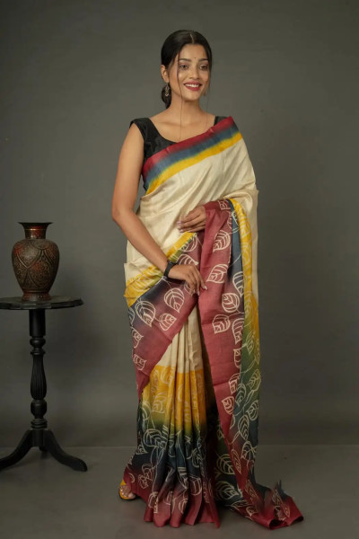 Multicolour Tussar Silk Saree Handpainted in Leaf Motifs-1 -Ramdhanu Ethnic