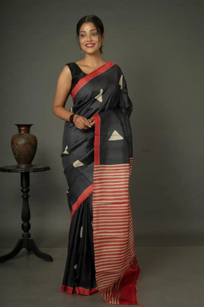 Handloom Tussar Silk Saree in Vibrant Black and Red Combination-1 -Ramdhanu Ethnic
