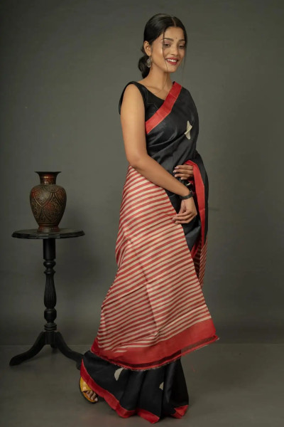 Handloom Tussar Silk Saree in Vibrant Black and Red Combination-2 -Ramdhanu Ethnic