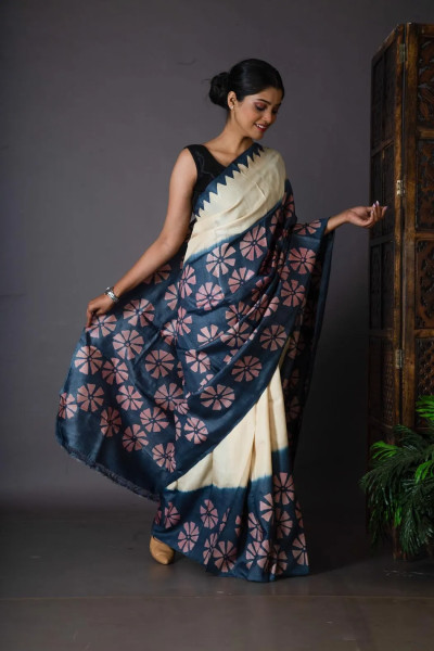 Blue and White Saree Painted in Peach Floral Motifs on Handwoven Tussar Silk-1 -Ramdhanu Ethnic