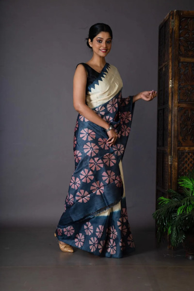 Blue and White Saree Painted in Peach Floral Motifs on Handwoven Tussar Silk-2 -Ramdhanu Ethnic