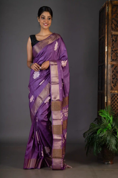 Purple Colour Saree Handpainted in style on Zari Border Tussar Silk-1 -Ramdhanu Ethnic