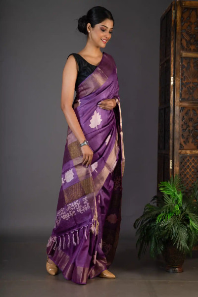 Purple Colour Saree Handpainted in style on Zari Border Tussar Silk-2 -Ramdhanu Ethnic