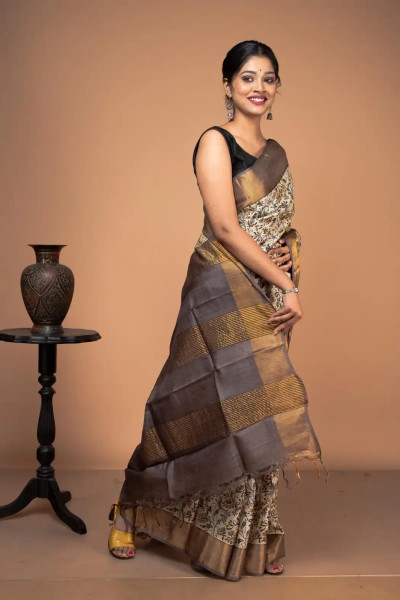 Brown And Grey Zari Tussar Silk Block Print Saree-2 -Ramdhanu Ethnic
