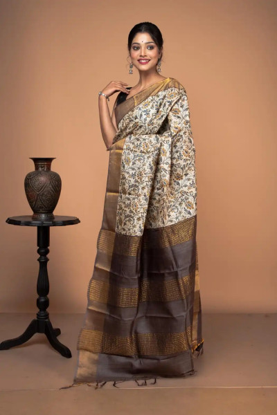 Brown And Grey Zari Tussar Silk Block Print Saree-1 -Ramdhanu Ethnic