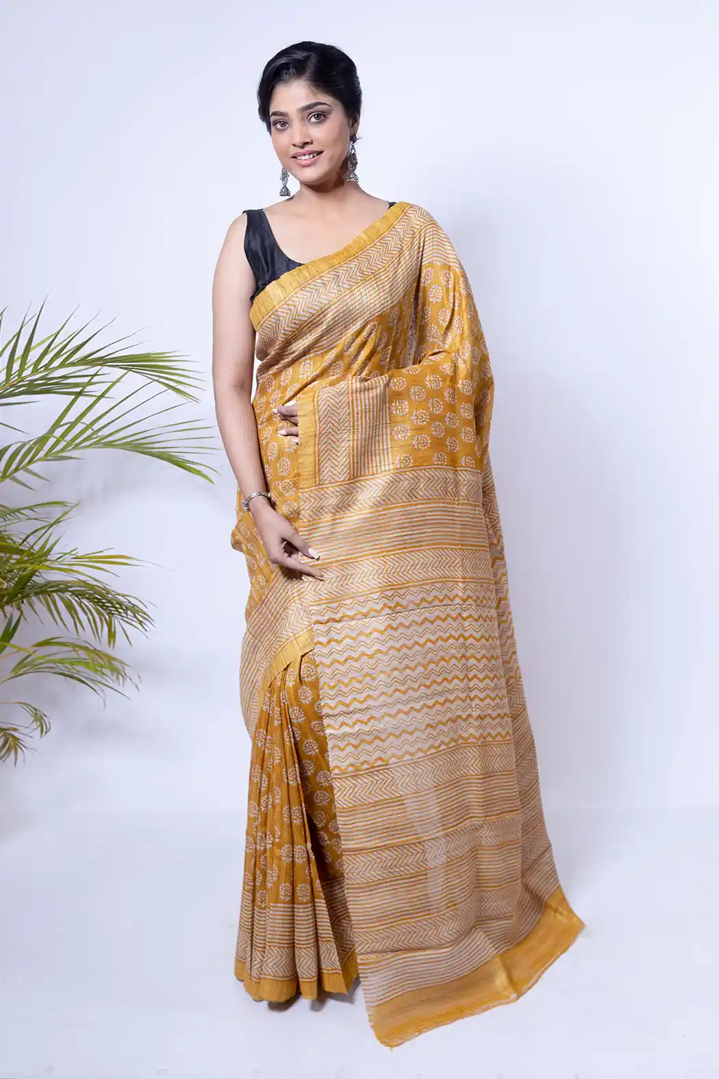 Golden Yellow Block Printed Ghicha Silk saree-1 -Ramdhanu Ethnic